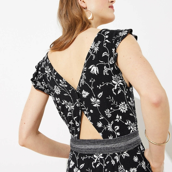 LOFT Rainforest Cutout Button Back Midi Dress, Floral Black and White. - Picture 4 of 15